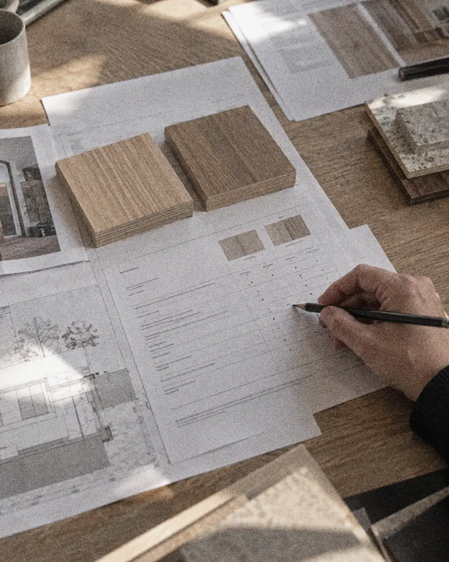 Tableau comparatif annoté au crayon, entre échantillons de bois et plans du projet