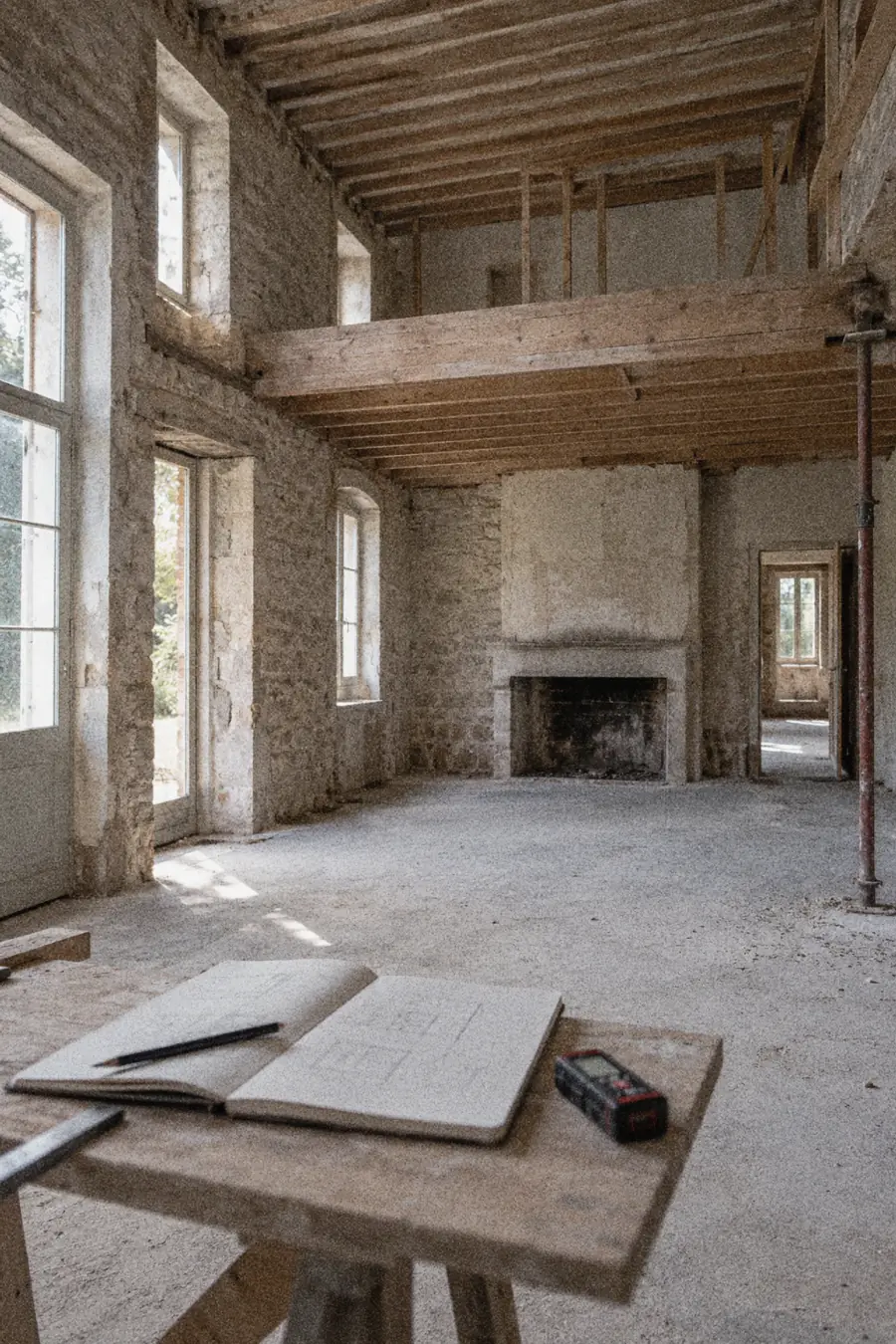 Intérieur ancien en pierre avant travaux, carnet de croquis et télémètre posés sur un tréteau