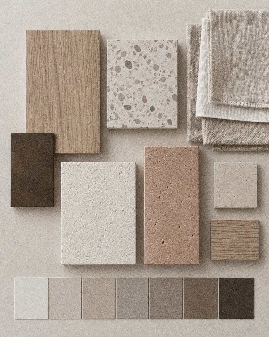 Échantillons de chêne, de terrazzo, d’enduits, de terre cuite et de lin, avec un nuancier de teintes