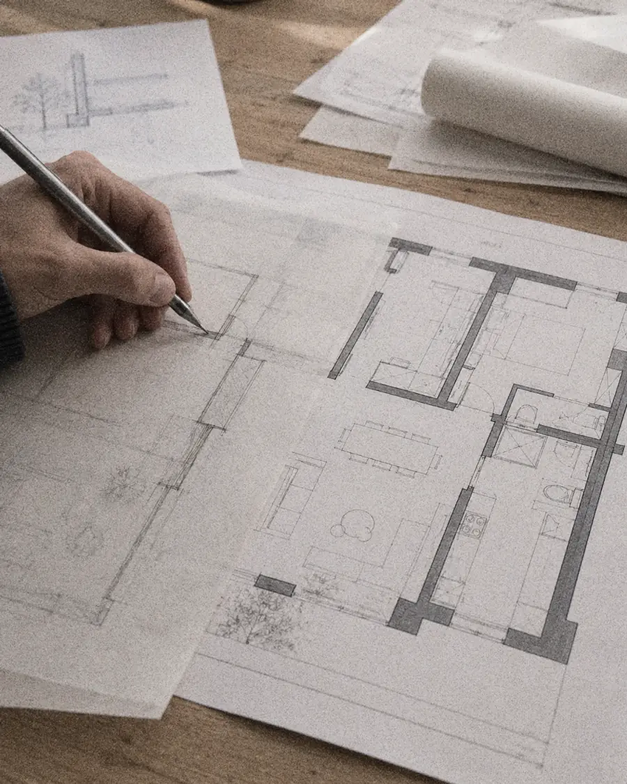Plan d’aménagement d’un logement, repris à la main sur un calque