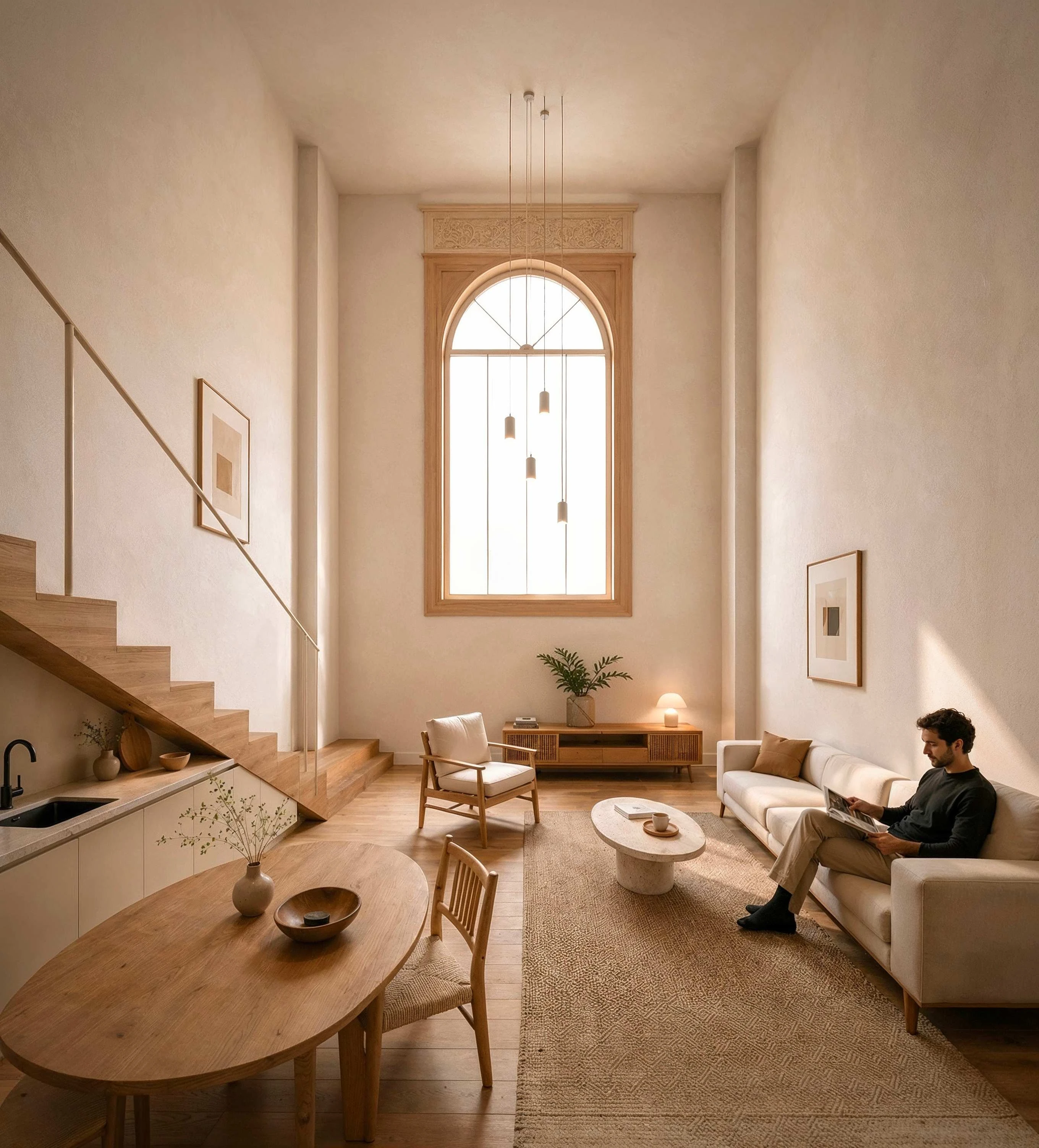 Séjour et cuisine du duplex réhabilité, verrière cintrée en double hauteur et escalier vers l'étage