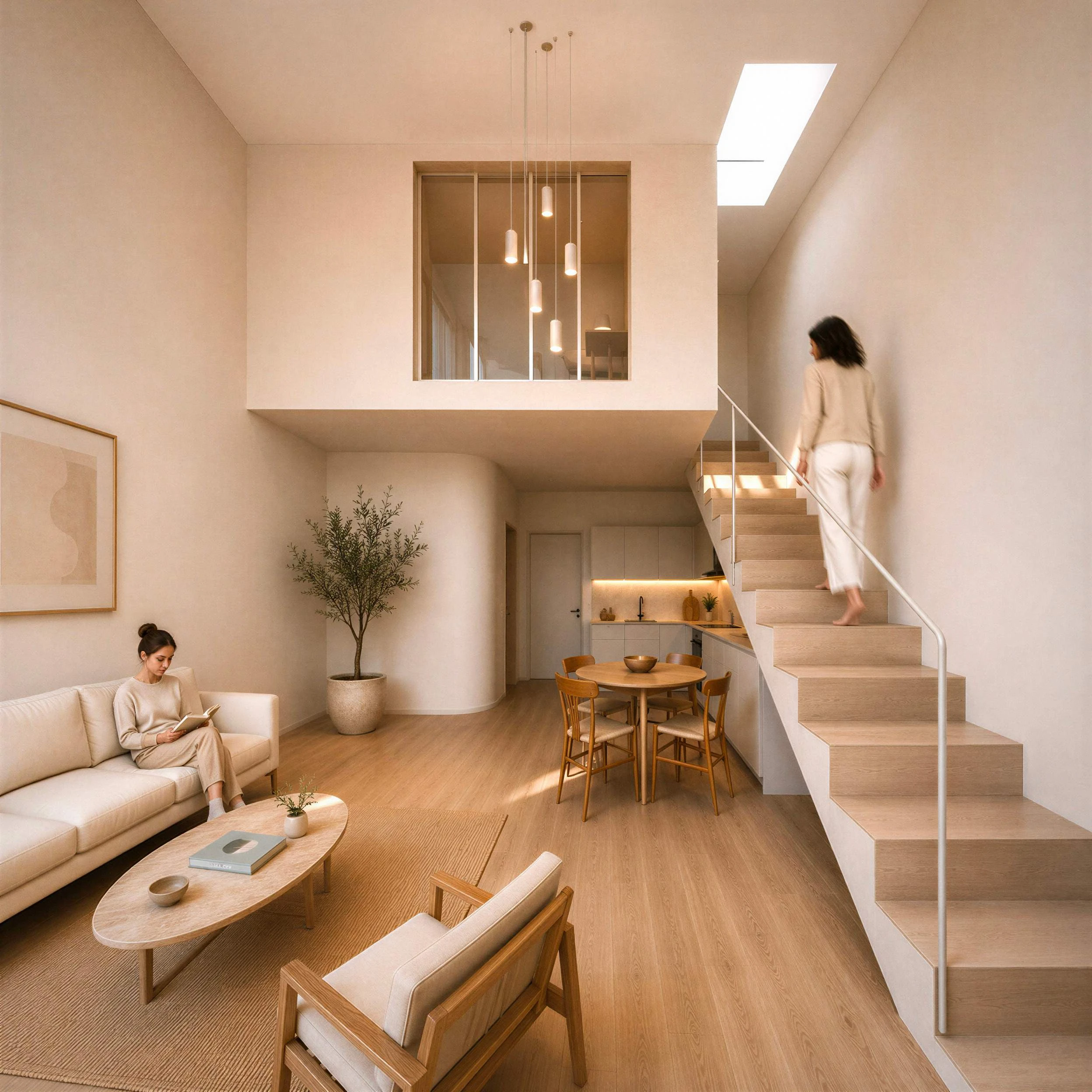 Séjour traversant sous mezzanine vitrée, avec escalier desservant les chambres à l'étage