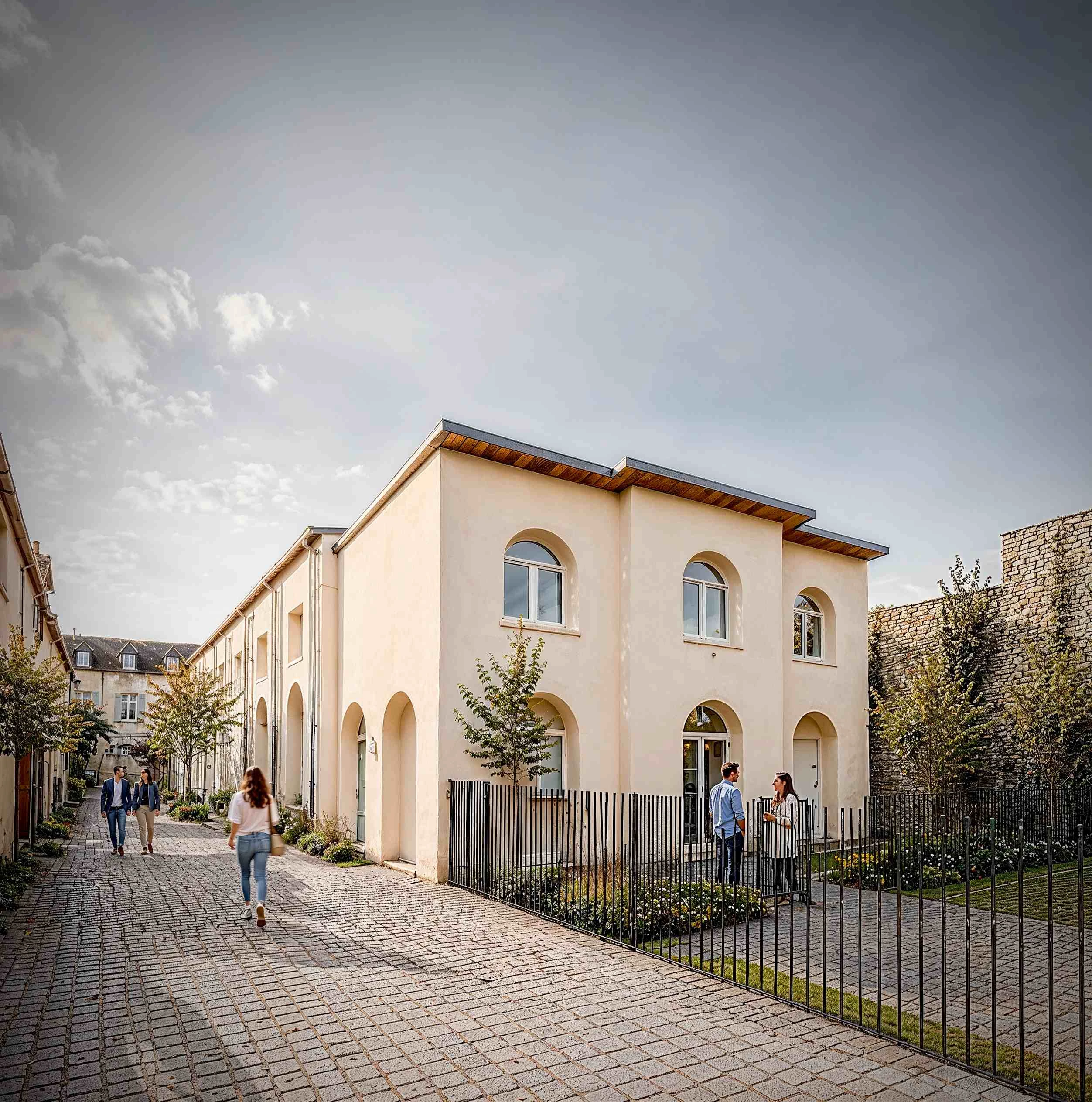 Façade sur rue du bâtiment réhabilité, rez-de-chaussée en arcades et niveau R+1 aligné sur le voisinage