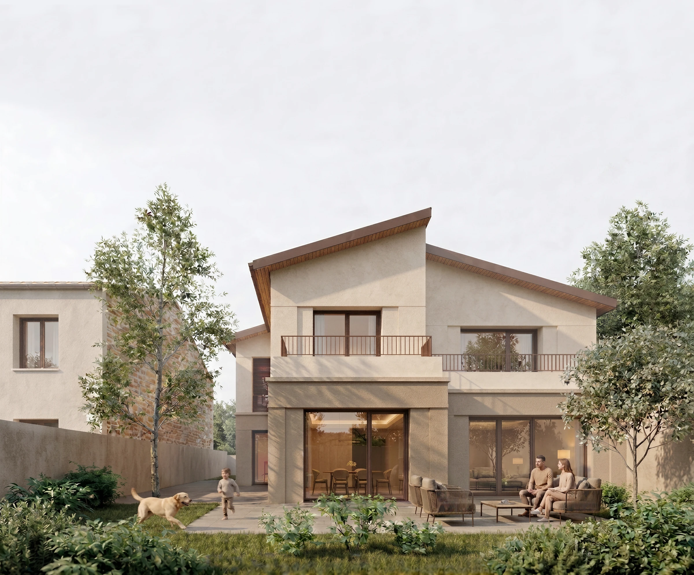 Façade sur jardin ouverte par de grandes baies, terrasse et volumes en retrait à l'étage, Sucy-en-Brie