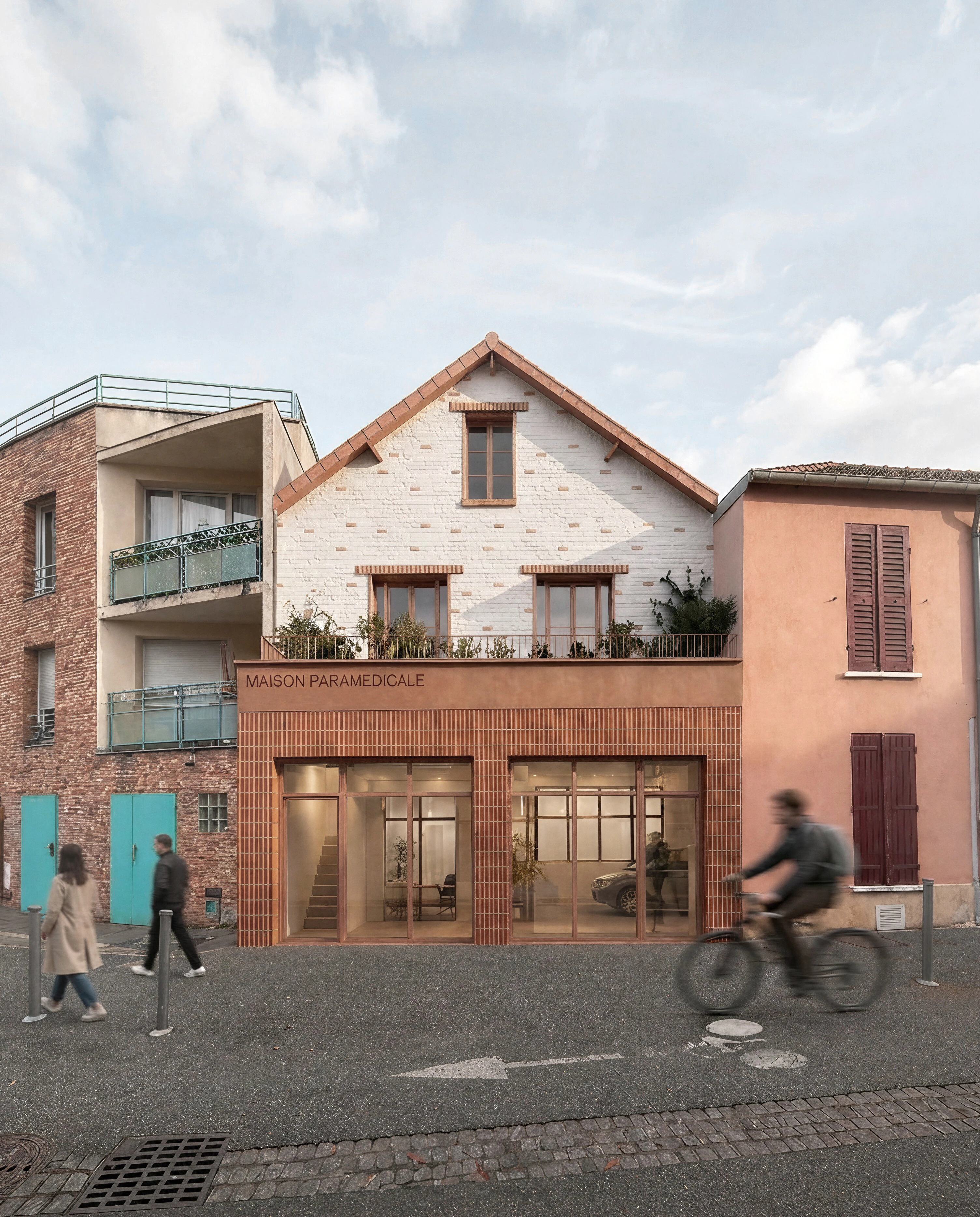 Façade rue avec brique de terre cuite libérée d'une couche d'enduit — maison médicale Saint-Ouen, TBA Architecture