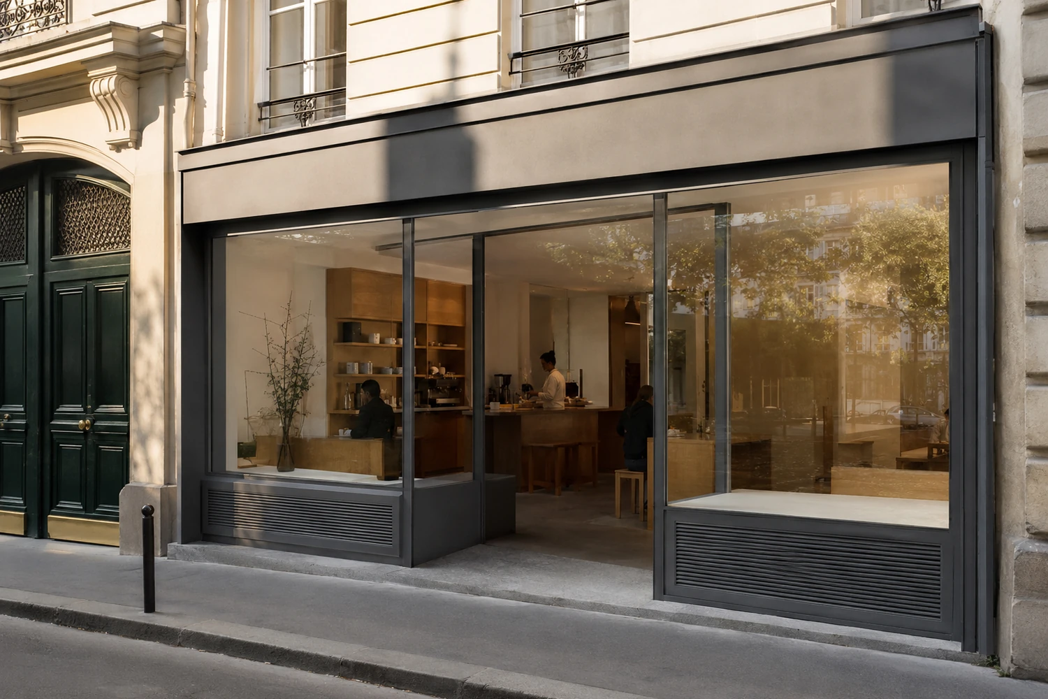 Façade sur rue réhabilitée, brique de terre cuite révélée et grande baie au rez-de-chaussée, Saint-Ouen-sur-Seine