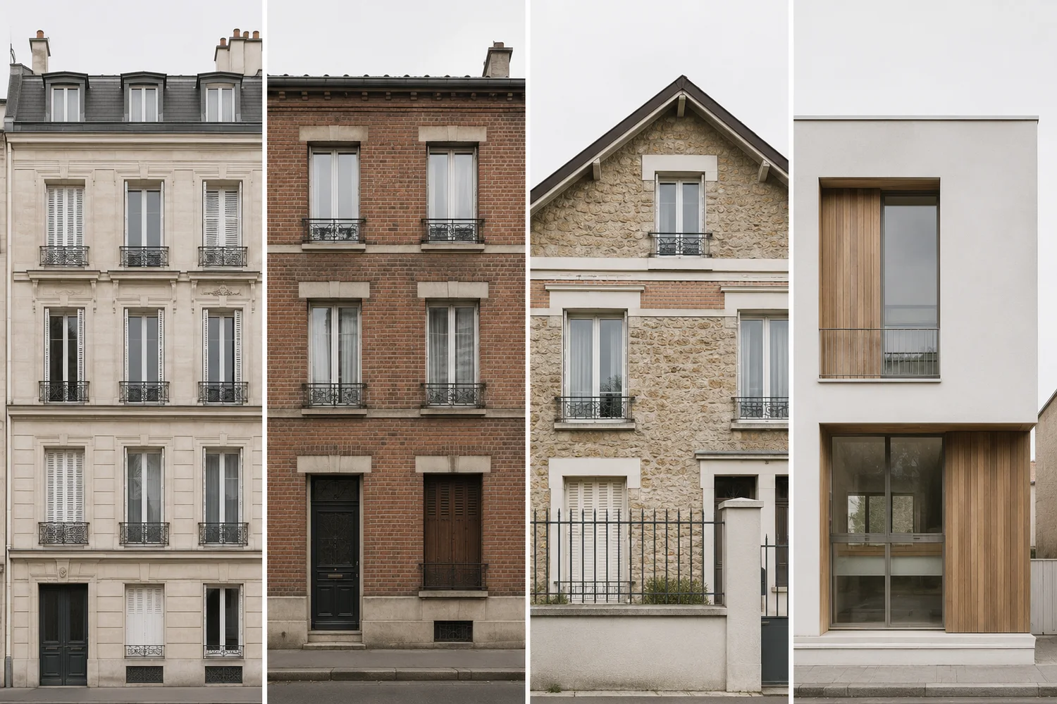 Quatre typologies de façades franciliennes : haussmannien parisien, faubourg en brique, maison en pierre meulière et architecture contemporaine en bois.