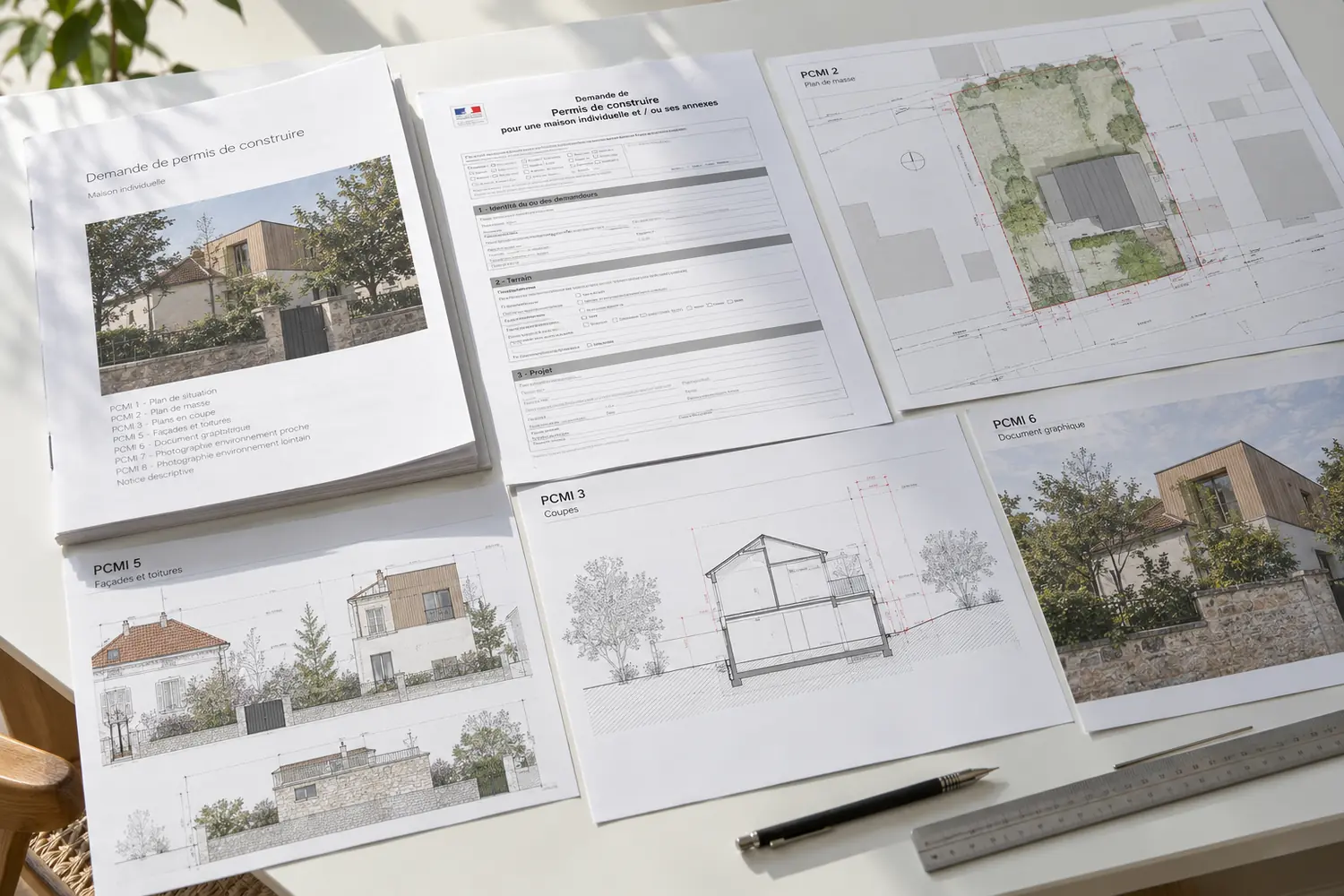 Dossier de permis de construire d’une maison, plans et pièces PCMI préparés par l’architecte