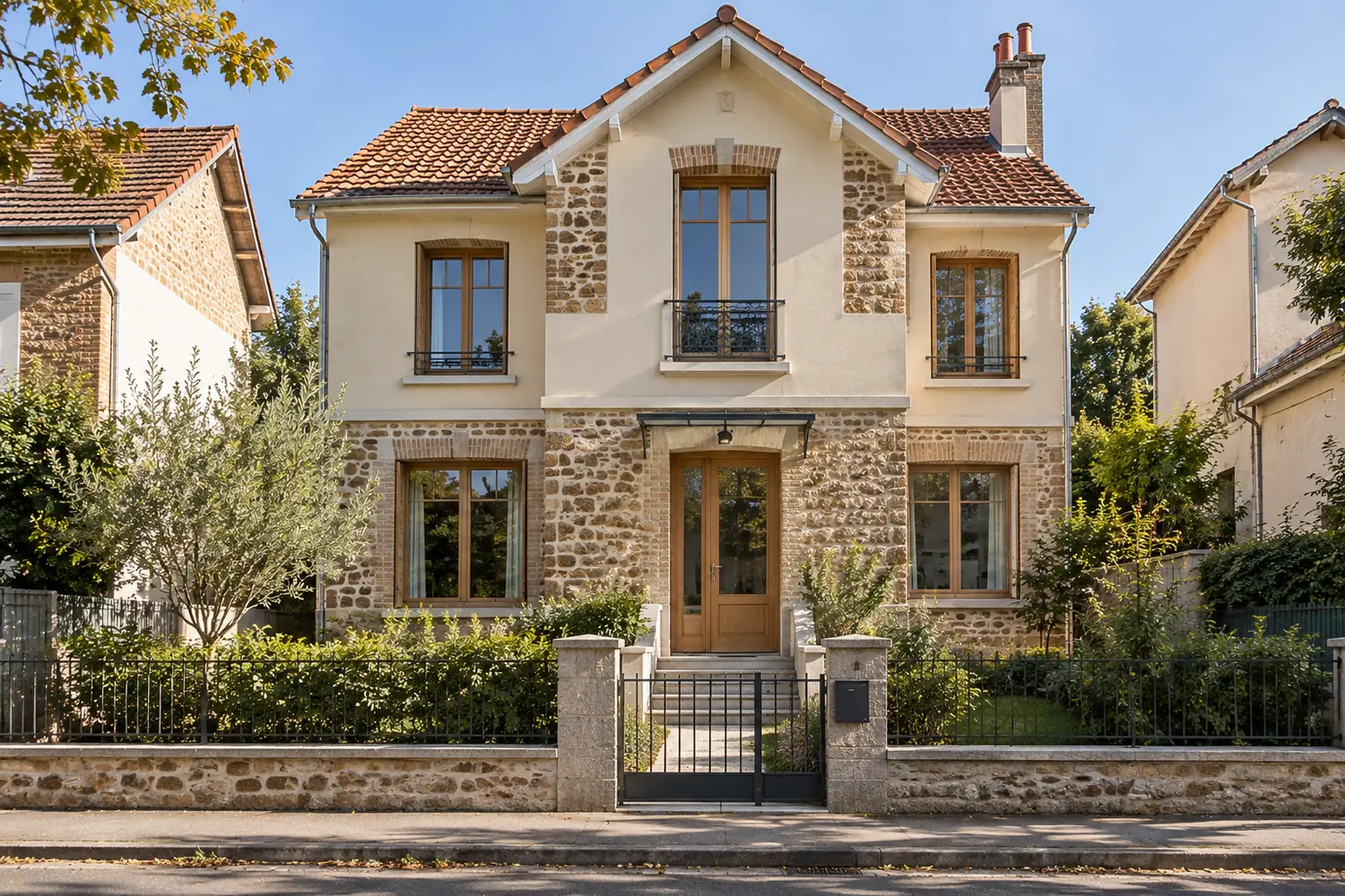 Maison des années cinquante rénovée en banlieue parisienne, meulière et enduit clair, vue depuis la rue