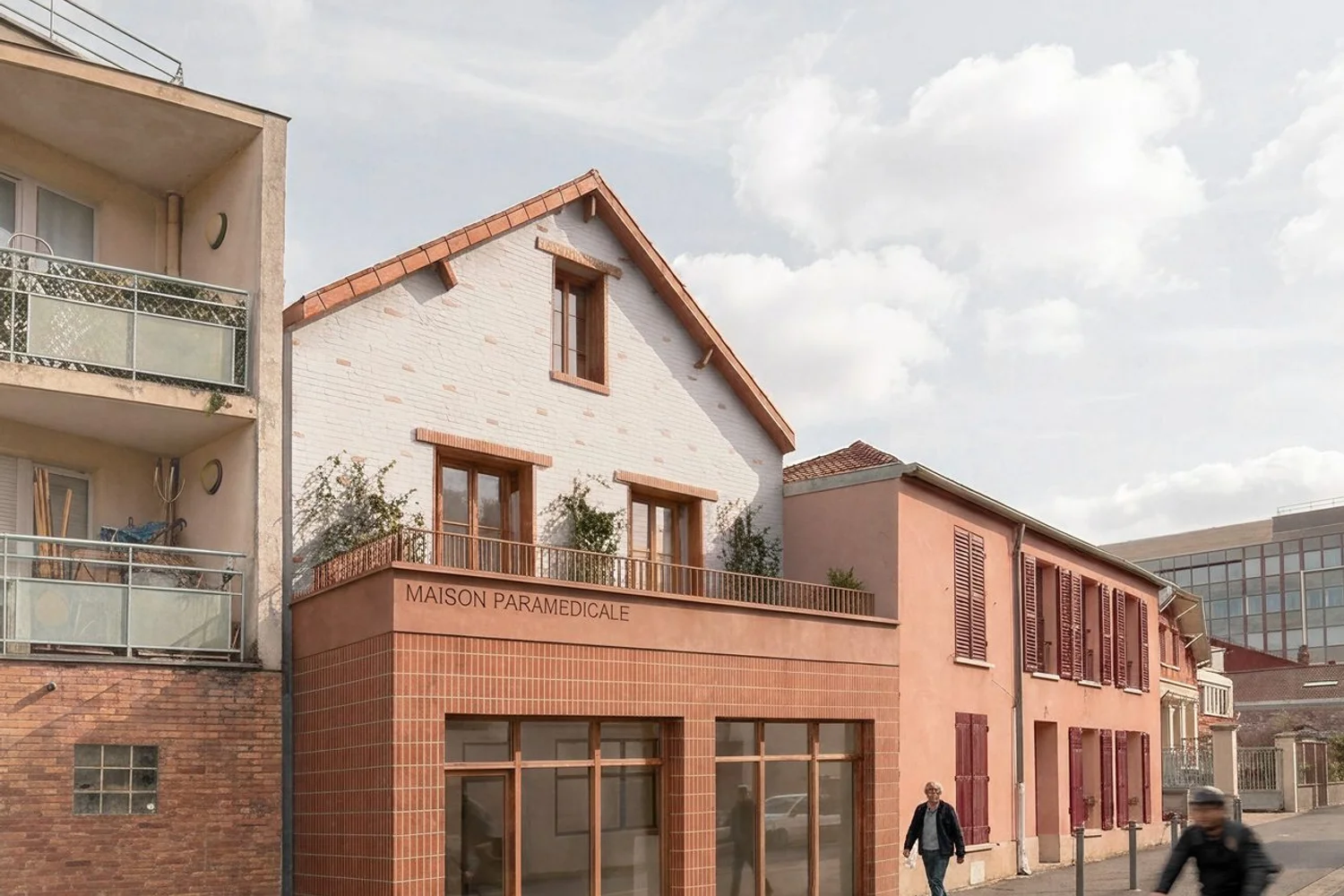Façade contemporaine en brique terre cuite d'une maison médicale à Saint-Ouen-sur-Seine, projet de TBA Architecture intégré au tissu faubourien.
