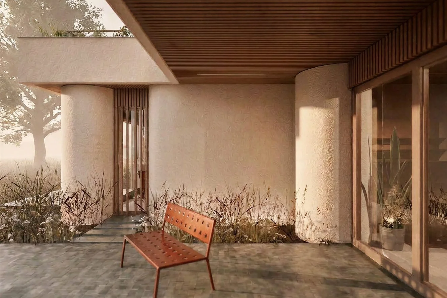 Intérieur résidentiel contemporain en Seine-Saint-Denis, séjour avec mur en pierre apparente et grandes baies vitrées sur jardin.