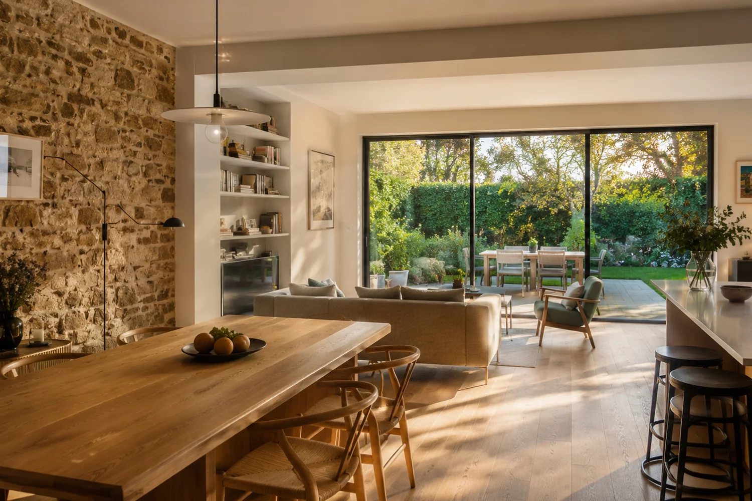 Intérieur rénové d'une maison pavillonnaire en pierre meulière du Val-de-Marne, ouverture sur jardin par grandes baies vitrées.