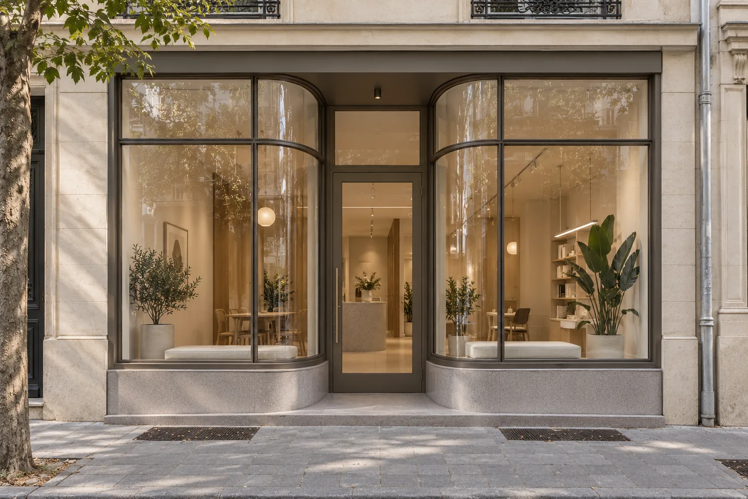 Devanture vitrée à arcs en rez-de-chaussée d’immeuble parisien, vitrine toute hauteur et entrée centrale