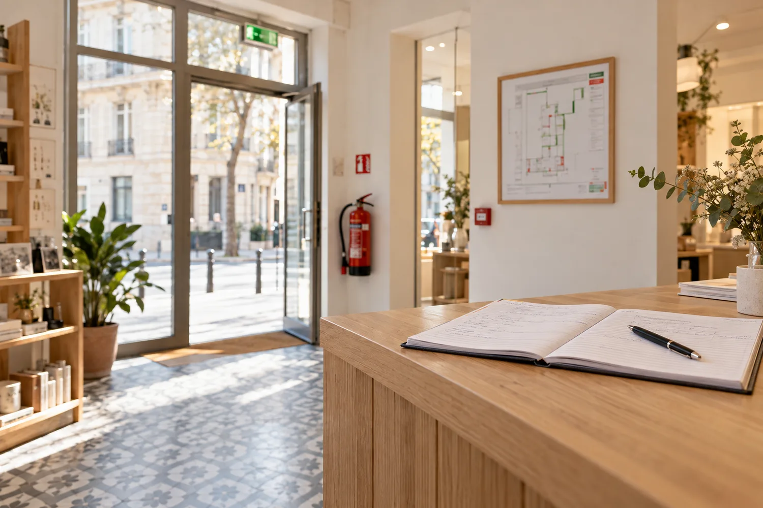 Registre de sécurité ouvert sur un comptoir, plan d’évacuation encadré au mur et extincteur à côté d’une issue de secours dans un petit commerce