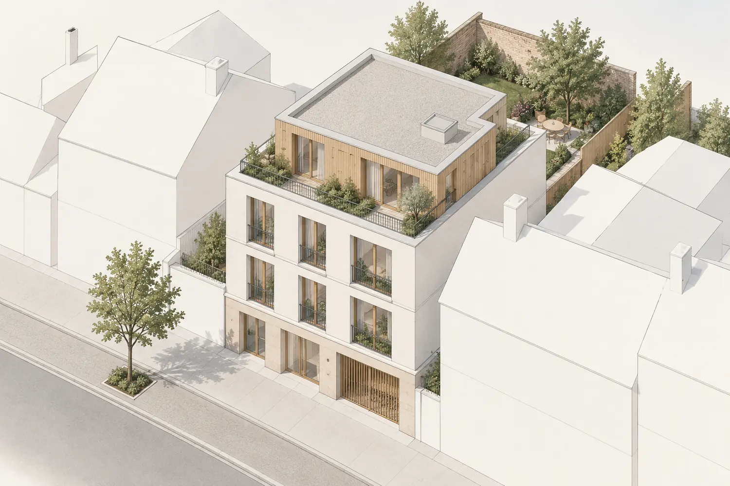 Axonométrie d’un petit immeuble de logements de trois niveaux et attique, inséré entre deux pavillons