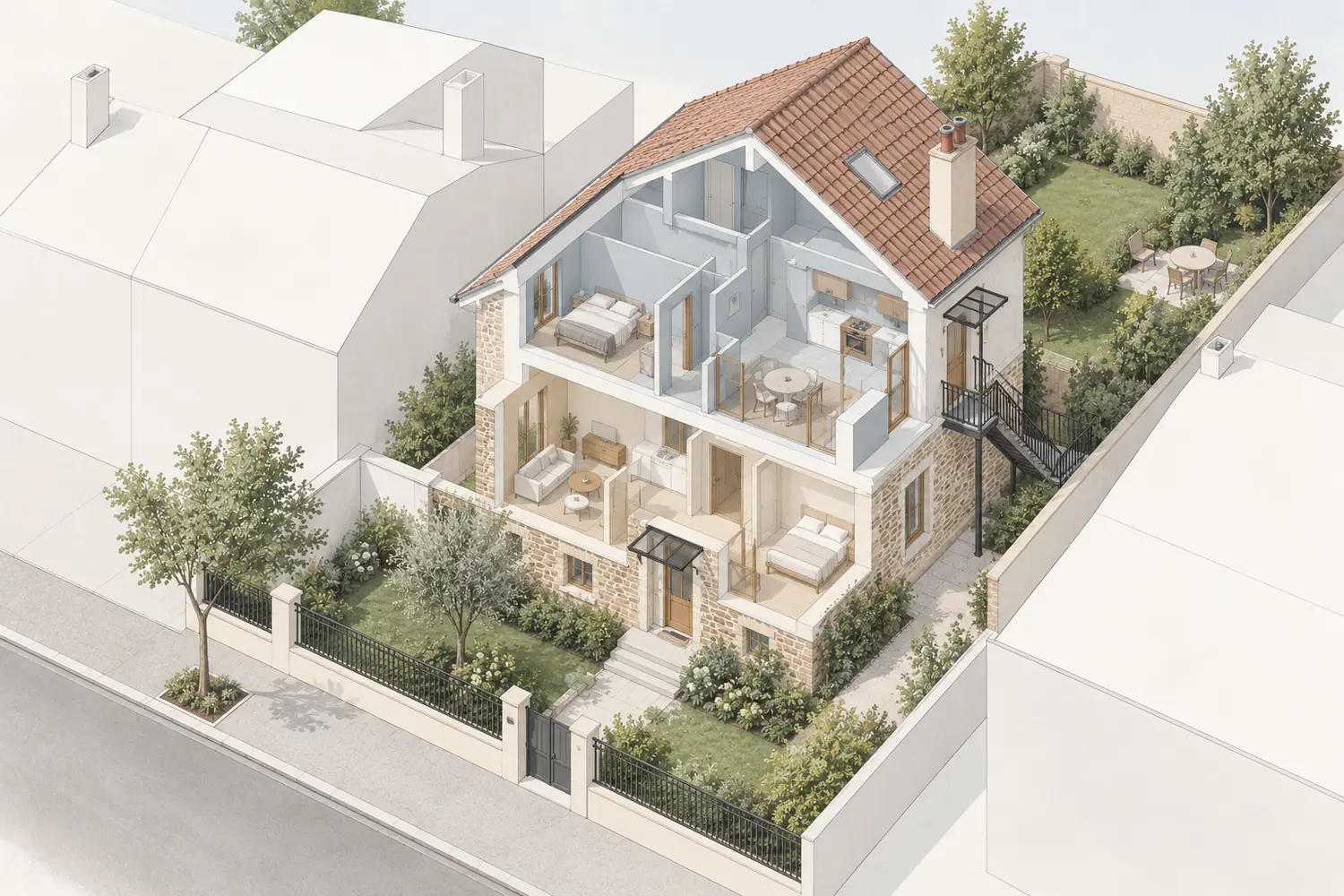 Axonométrie d’un pavillon de banlieue divisé en deux logements, rez-de-chaussée sur jardin et étage desservi par un escalier extérieur
