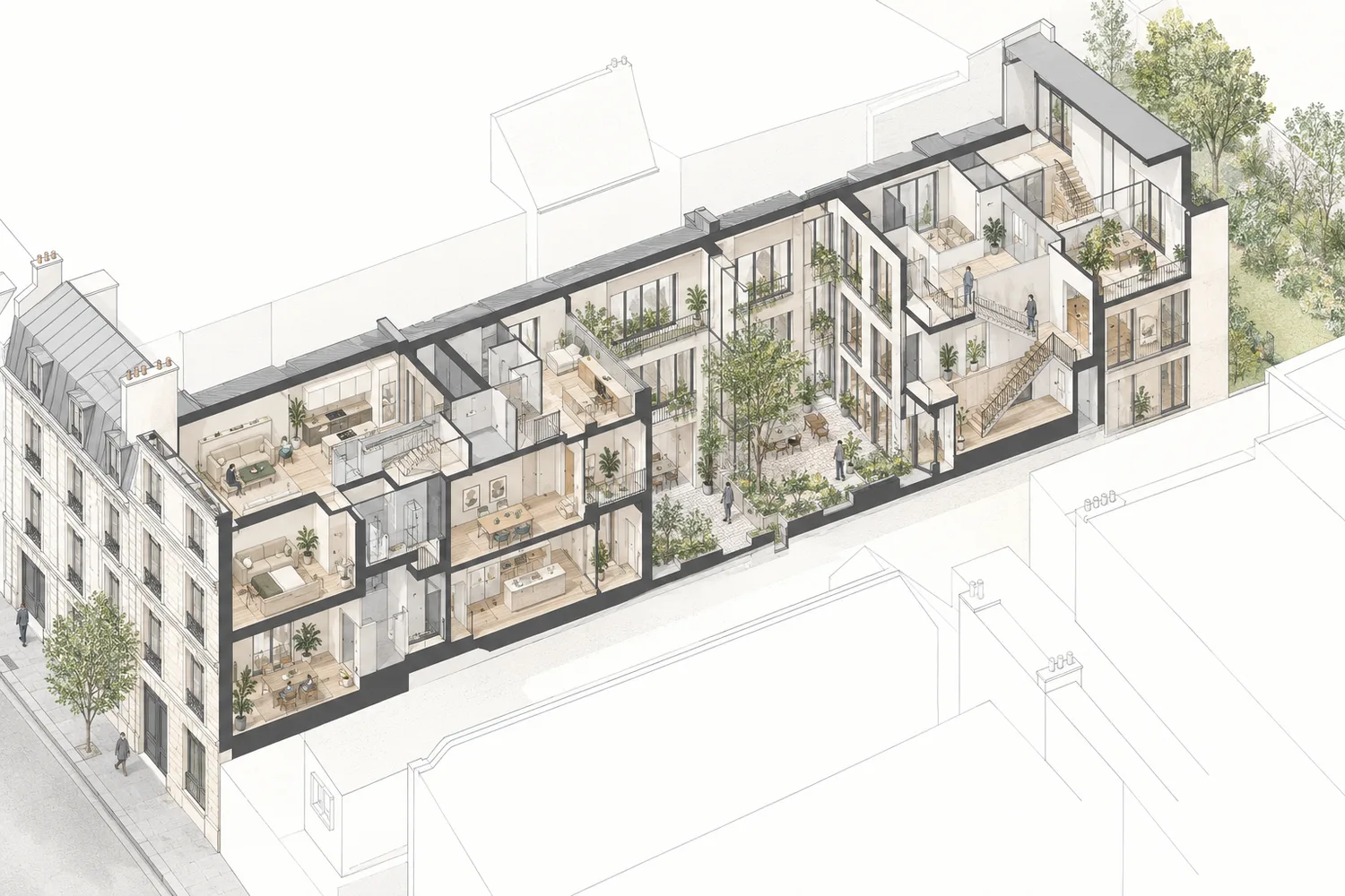 Axonométrie écorchée d’un bâtiment profond montrant les logements éclairés par une cour, un patio et des ouvertures en toiture