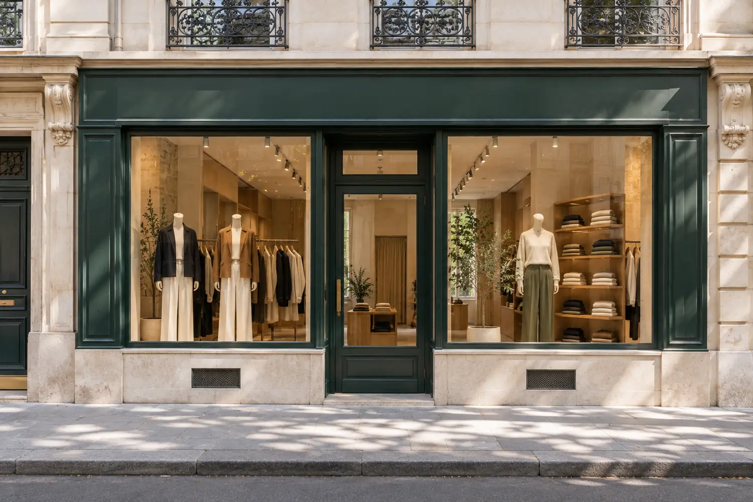 Devanture d’une boutique parisienne en rez-de-chaussée d’immeuble, vitrine et porte vitrée, vue frontale, sans enseigne lisible