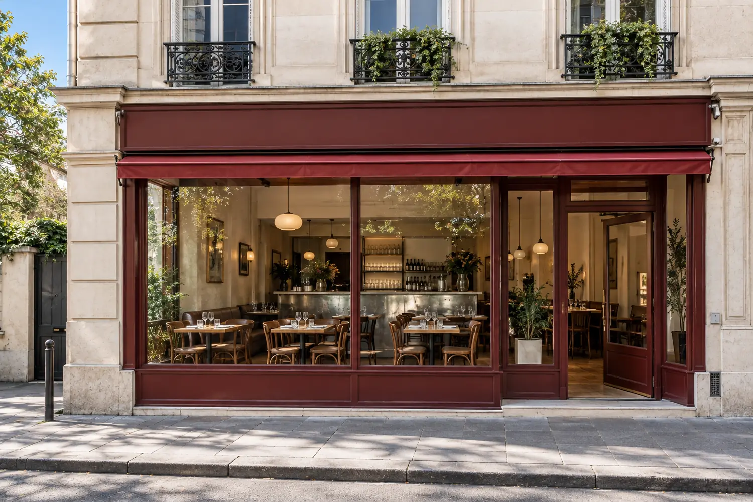 Salle de restaurant vide en rez-de-chaussée d’immeuble parisien, tables dressées, vitrine sur rue, vue frontale, sans enseigne lisible