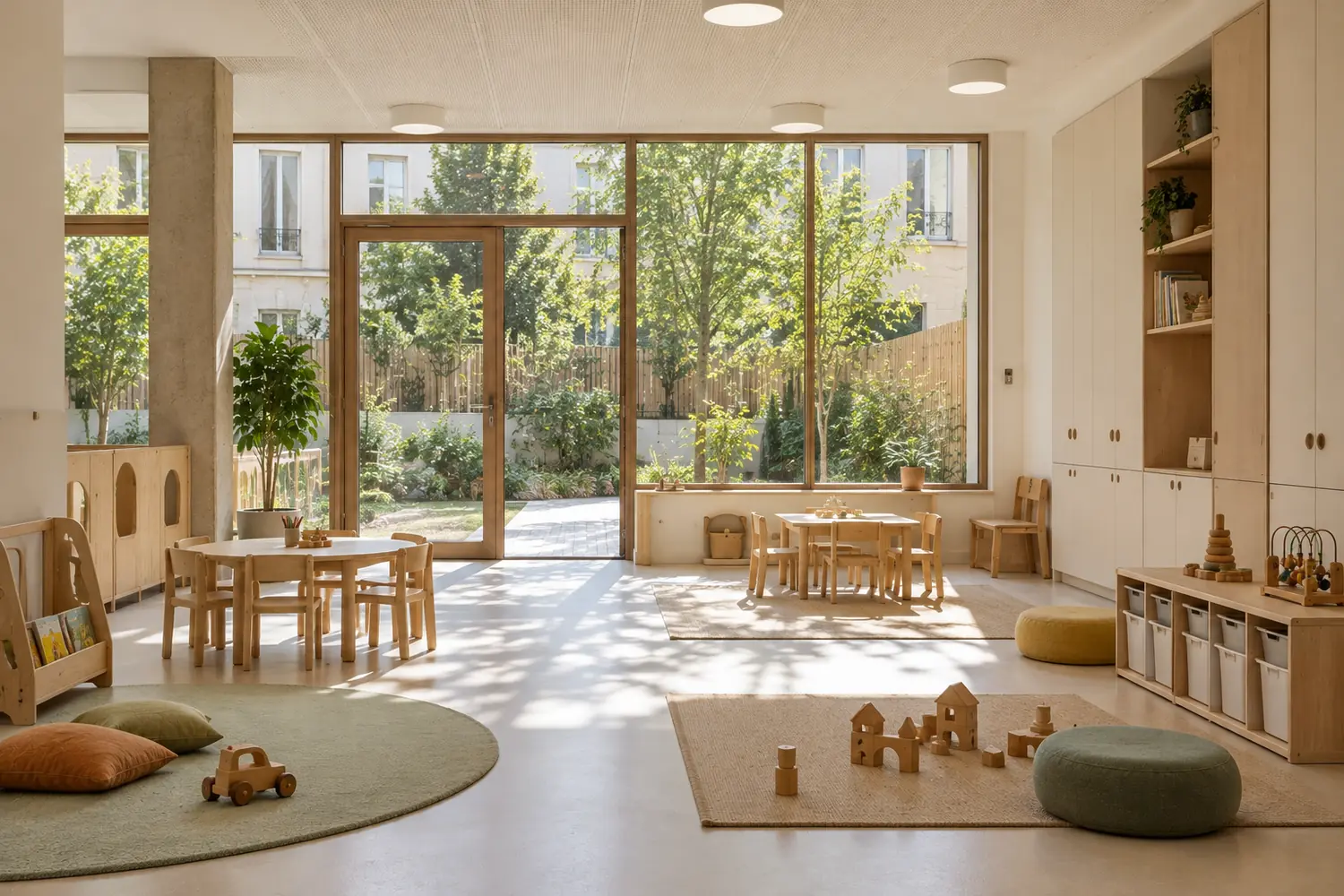 Salle d’activité d’une crèche en rez-de-chaussée, baies vitrées sur une cour, mobilier bas, vue frontale, sans personnage, sans texte lisible