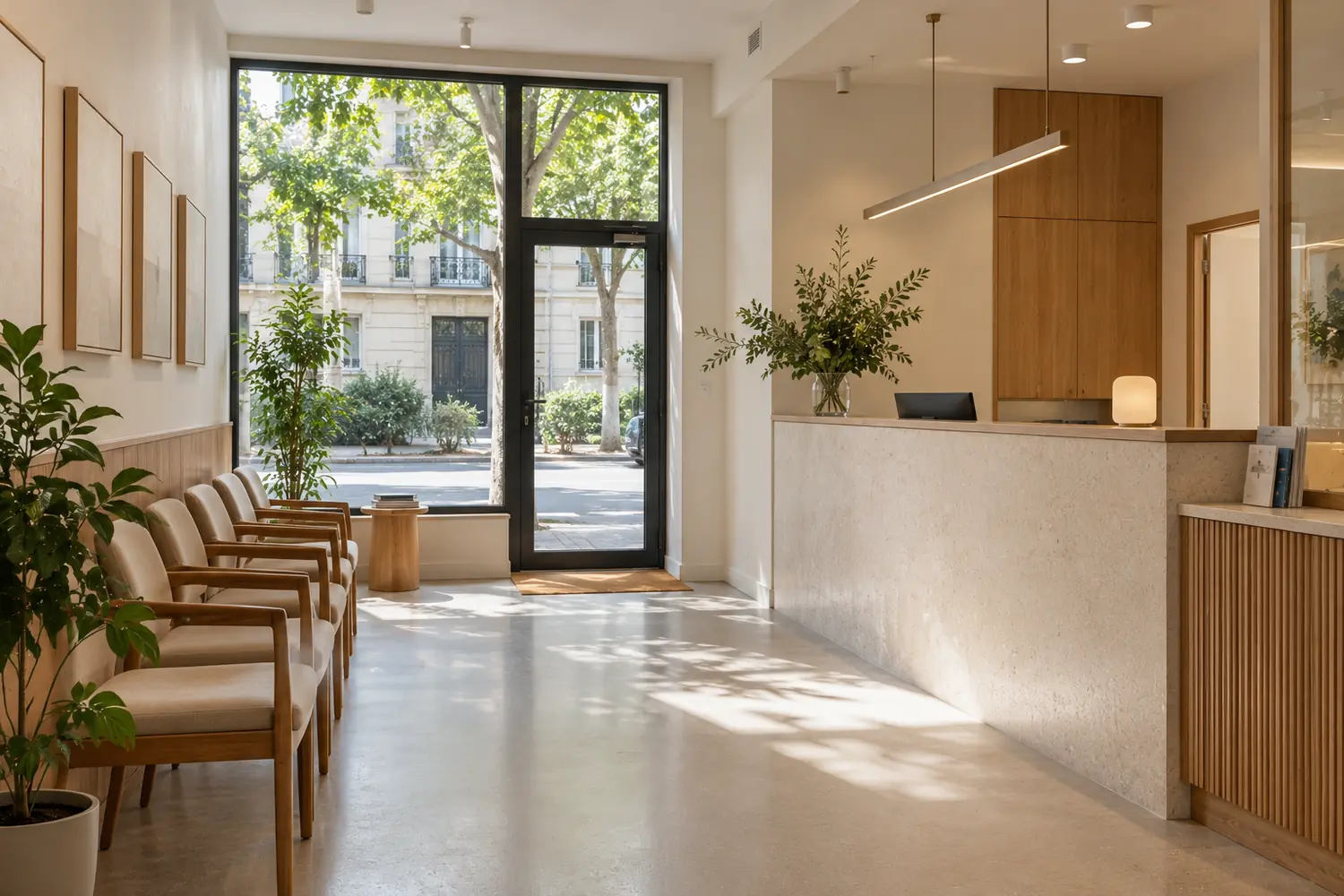 Salle d’attente d’un cabinet médical en rez-de-chaussée, sièges alignés, banque d’accueil, porte vitrée sur rue, vue frontale, sans texte lisible