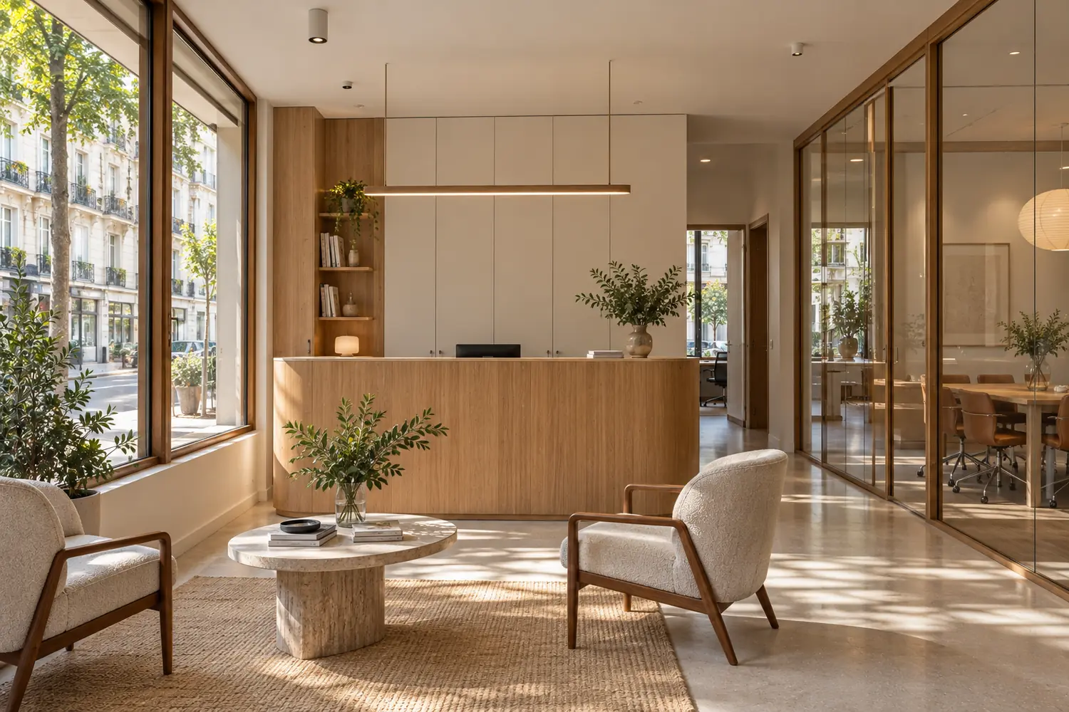 Espace d’accueil d’une agence en rez-de-chaussée d’immeuble parisien, banque d’accueil et deux fauteuils, vitrine sur rue, vue frontale, sans texte lisible
