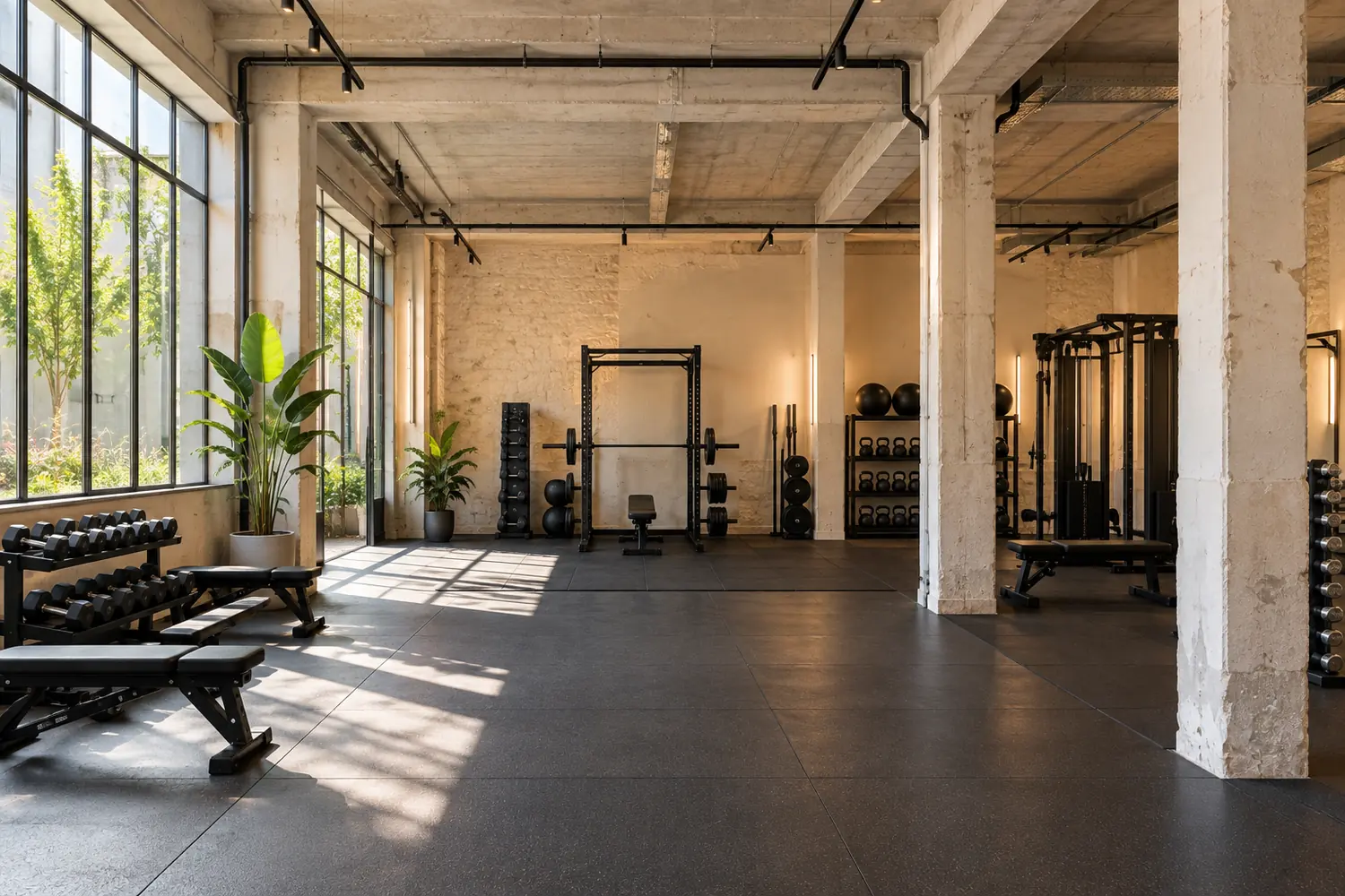 Salle de sport vide dans un ancien volume industriel, structure apparente, sol souple, vue frontale, sans texte lisible