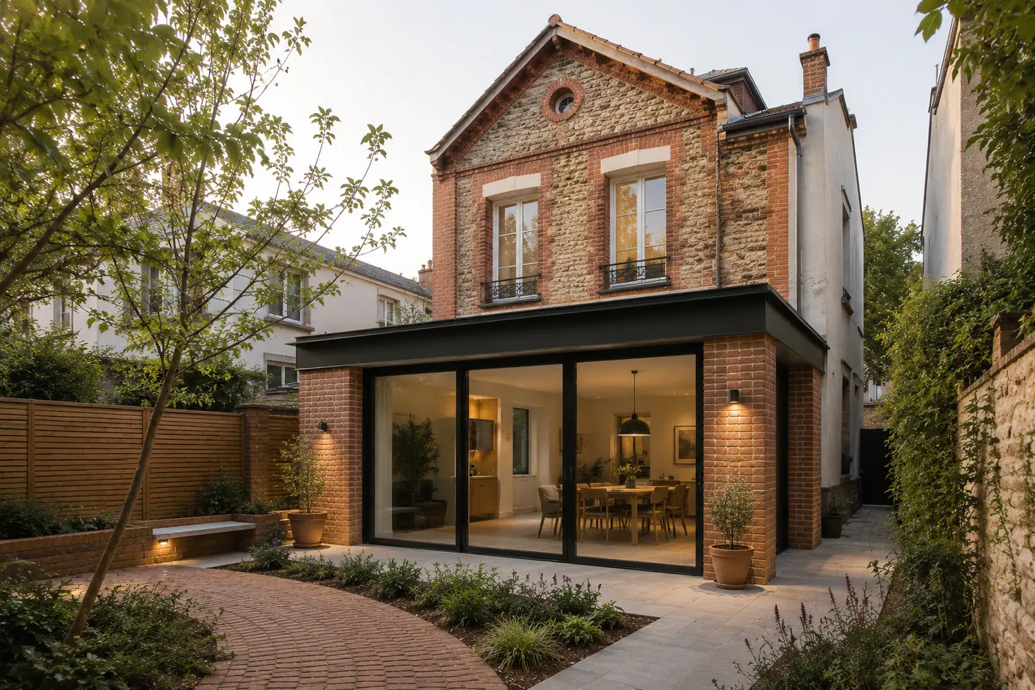 Extension contemporaine en métal noir et briques sur une maison meulière, baies vitrées ouvertes sur jardin paysager en fin de journée.