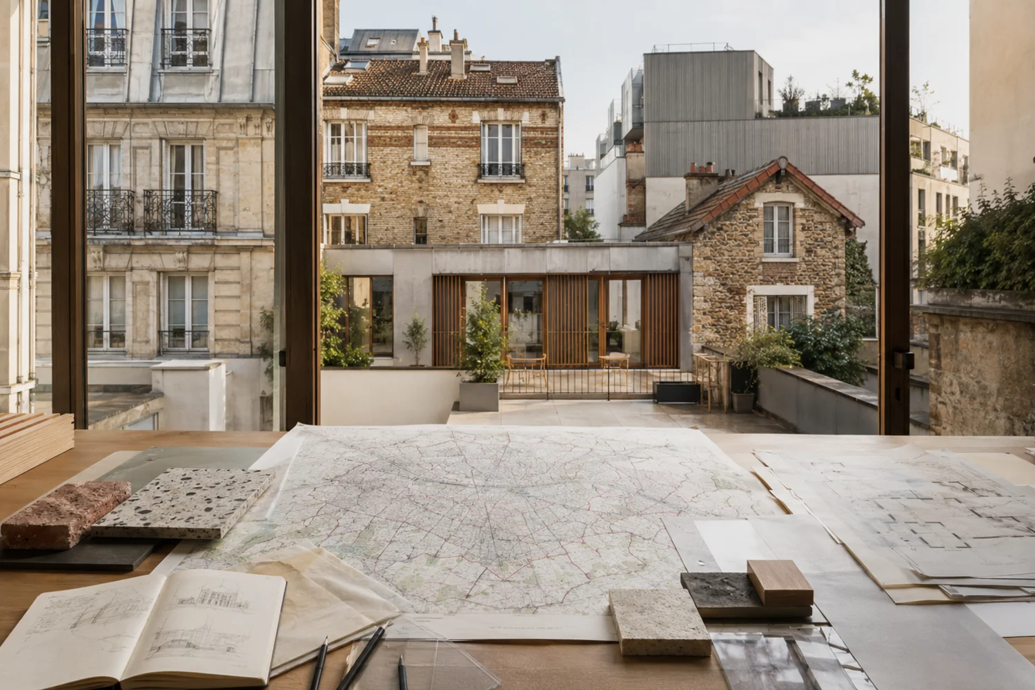 Patio architectural contemporain avec banc en acier orangé, sol en pierre, végétation et structure bois, ambiance feutrée.
