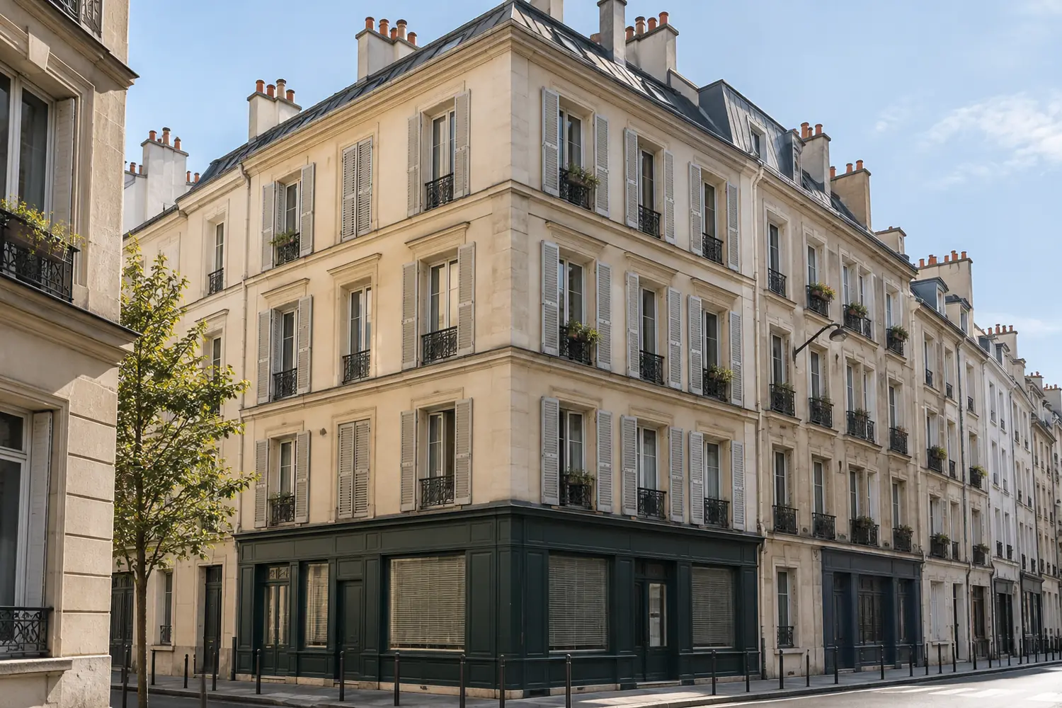 Immeuble de rapport parisien de quatre niveaux, ancienne boutique au rez-de-chaussée, vu depuis la rue