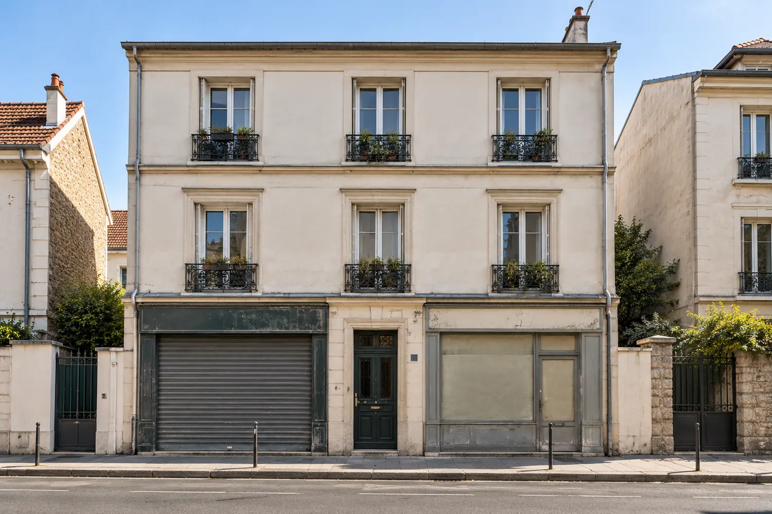 Petit immeuble de rapport de banlieue parisienne, trois niveaux, rez-de-chaussée commercial fermé, vue frontale, sans texte lisible