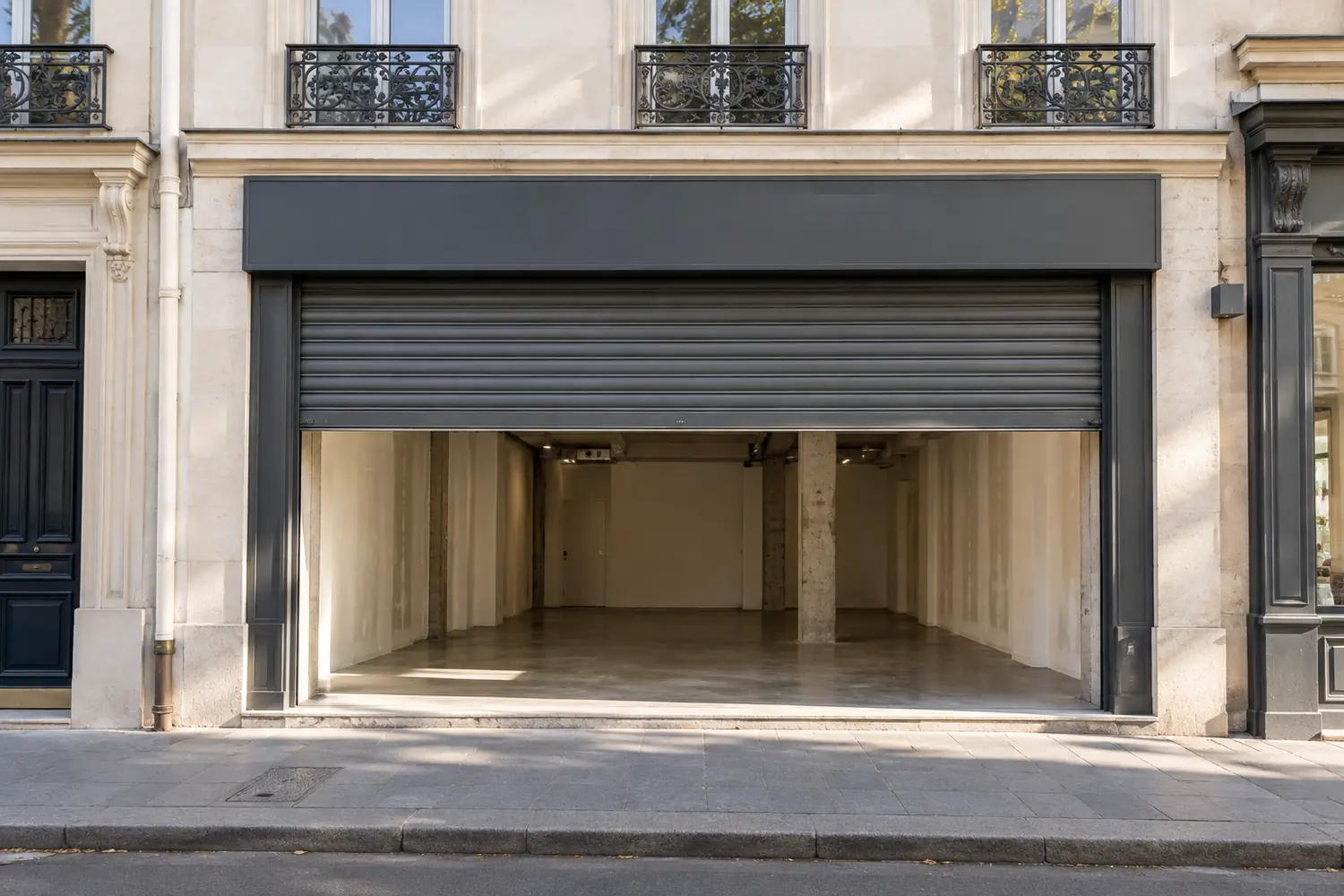 Rideau métallique à demi levé sur la devanture d’un local commercial en rez-de-chaussée d’immeuble parisien, vue frontale, sans texte lisible