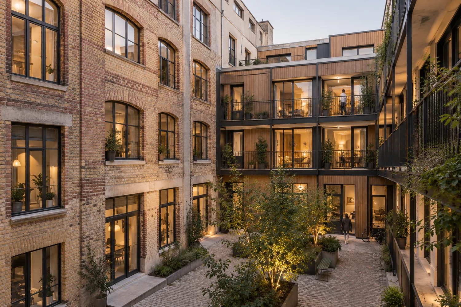 Cour intérieure d’un ancien bâtiment industriel en brique réhabilité en logements, coursives métalliques et plantations