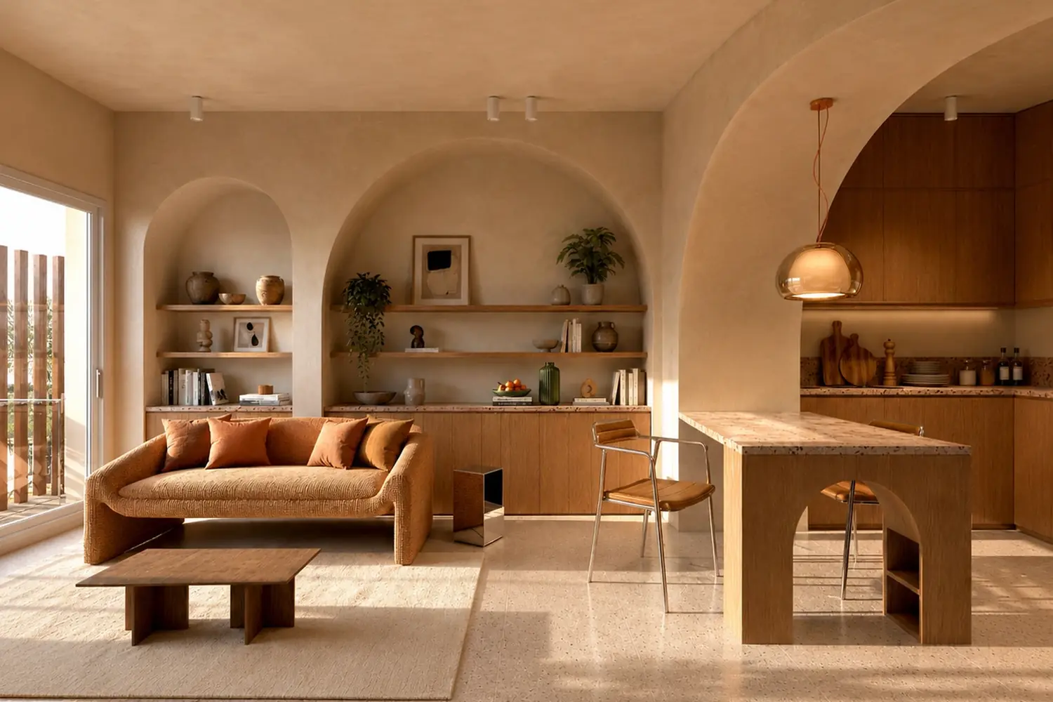 Pièce de vie de l’annexe réhabilitée en logement à Paris 20e, arcs en plein cintre, enduit terre cuite, sol en béton ciré