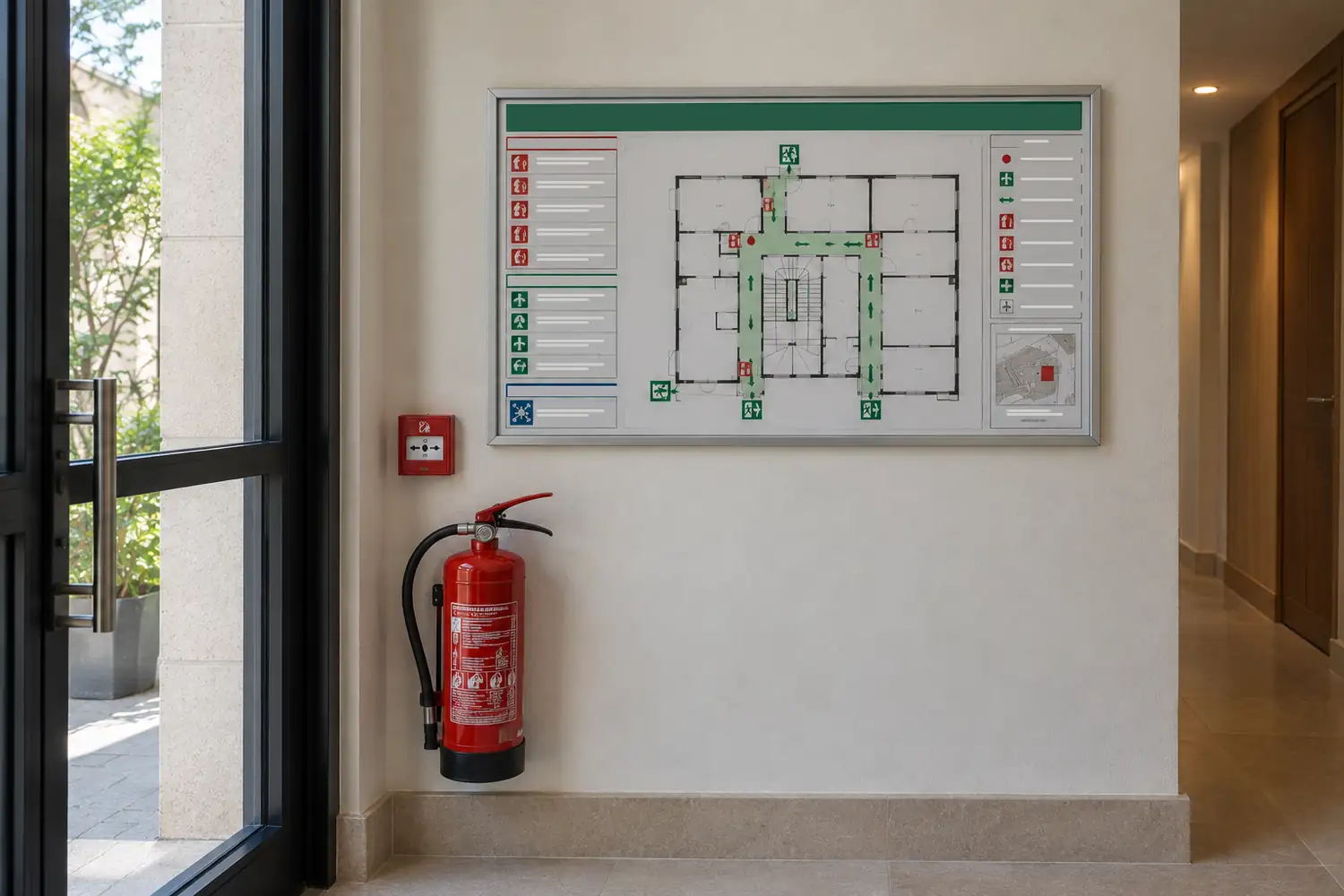Couloir d’entrée d’un immeuble avec un plan d’évacuation encadré au mur, un déclencheur d’alarme et un extincteur près de la porte vitrée