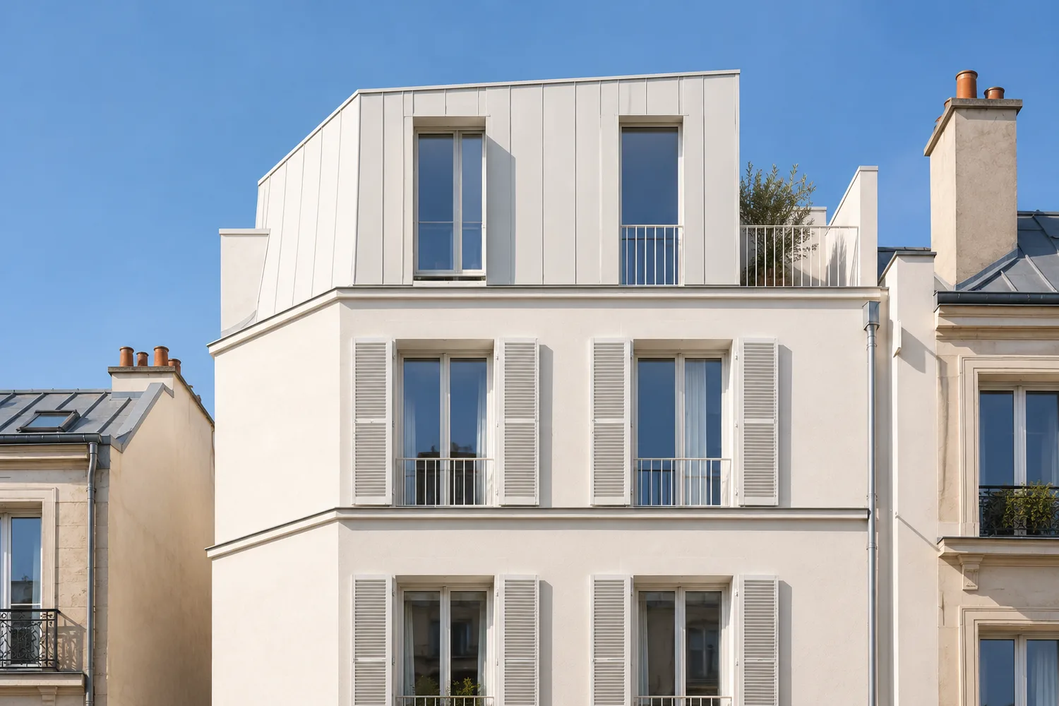 Façade frontale d’un immeuble faubourien parisien enduit de blanc, volets persiennés, surélevé de deux niveaux en zinc clair avec deux hautes fenêtres et une terrasse plantée en retrait, ciel bleu