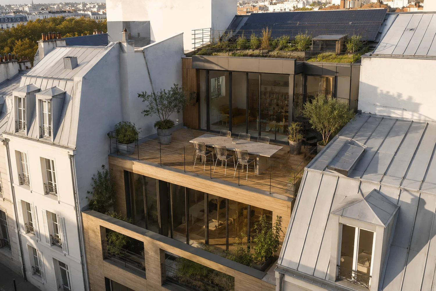Surélévation contemporaine d'un immeuble parisien avec terrasse végétalisée et panneaux solaires, création de niveaux supplémentaires en ossature bois.