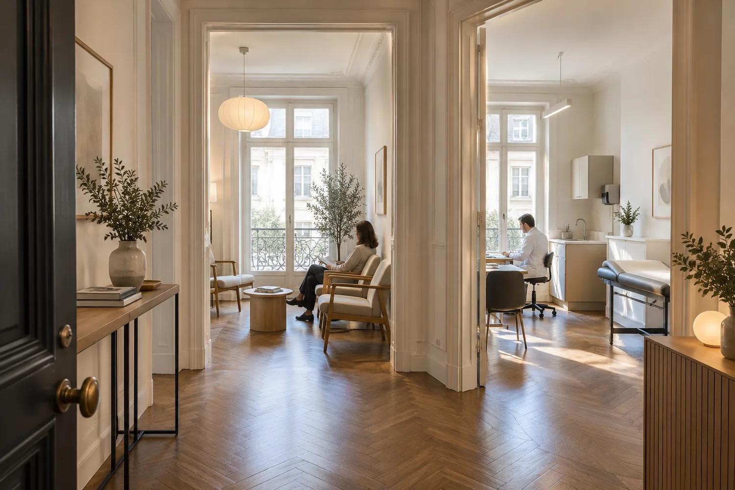 Appartement haussmannien transformé en cabinet médical, salle d’attente en enfilade et bureau de consultation, parquet à bâtons rompus