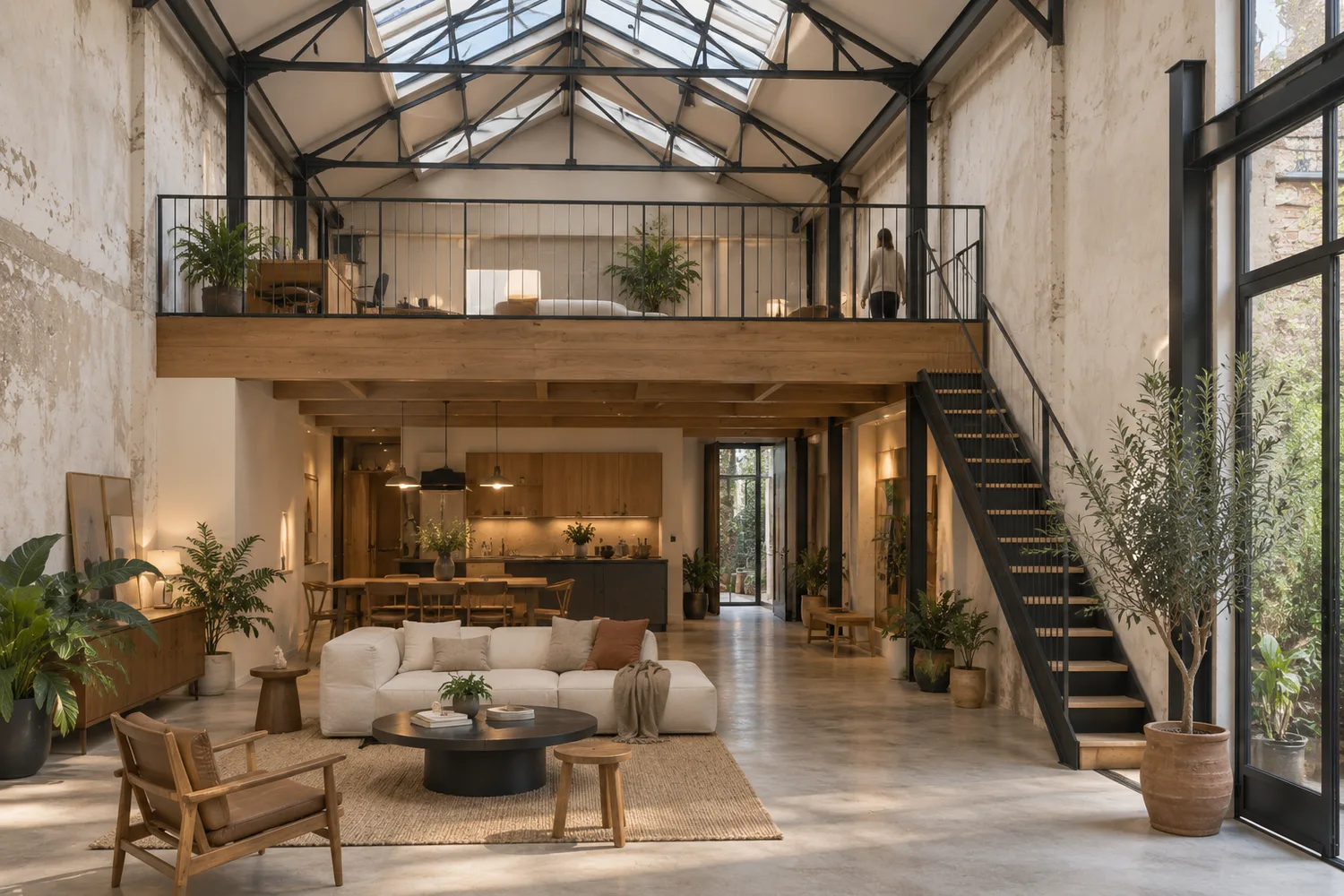 Ancien atelier transformé en logement, charpente métallique et verrière en toiture, mezzanine bois au-dessus du séjour