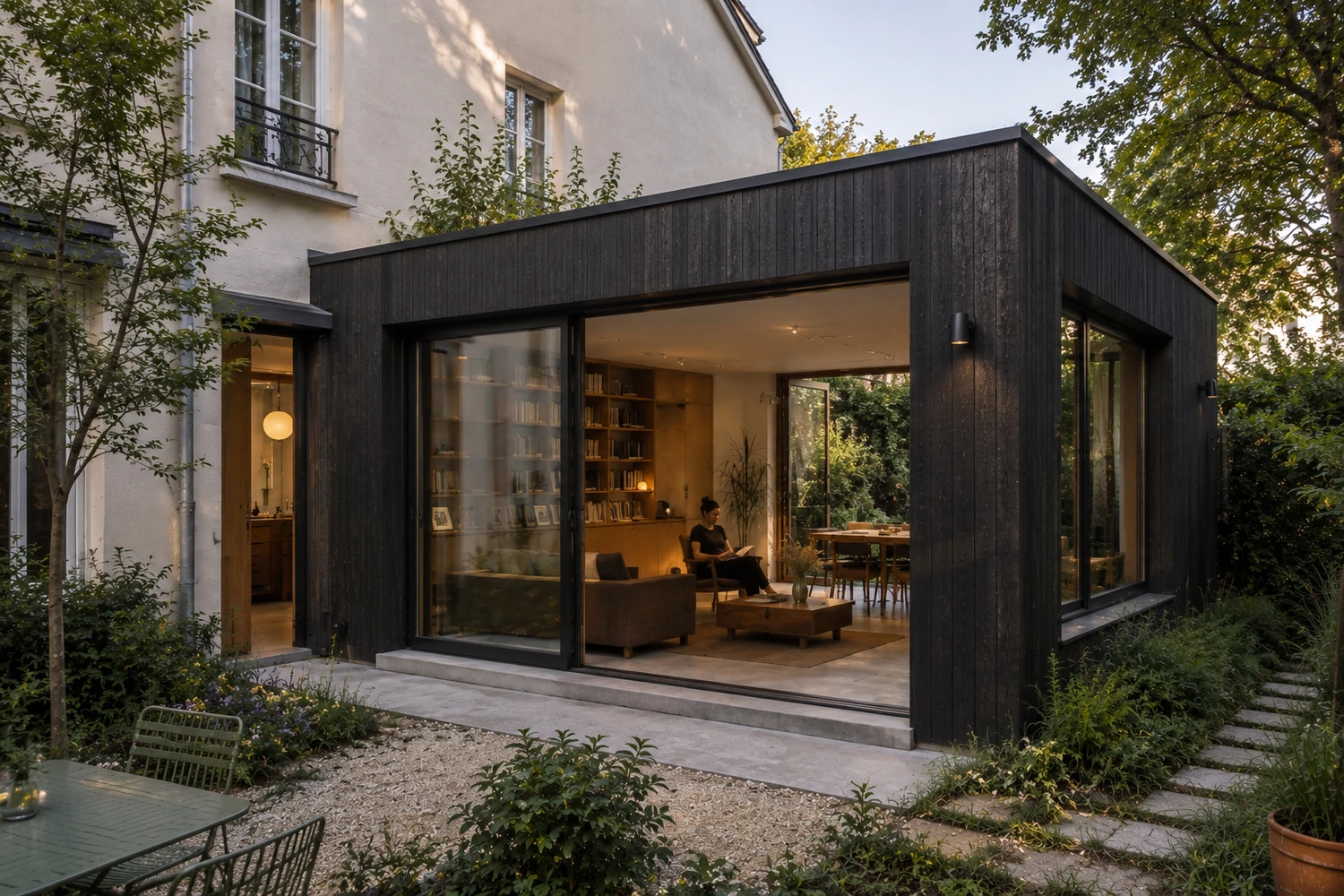 Intérieur rénové d'une maison pavillonnaire en pierre meulière du Val-de-Marne, ouverture sur jardin par grandes baies vitrées.