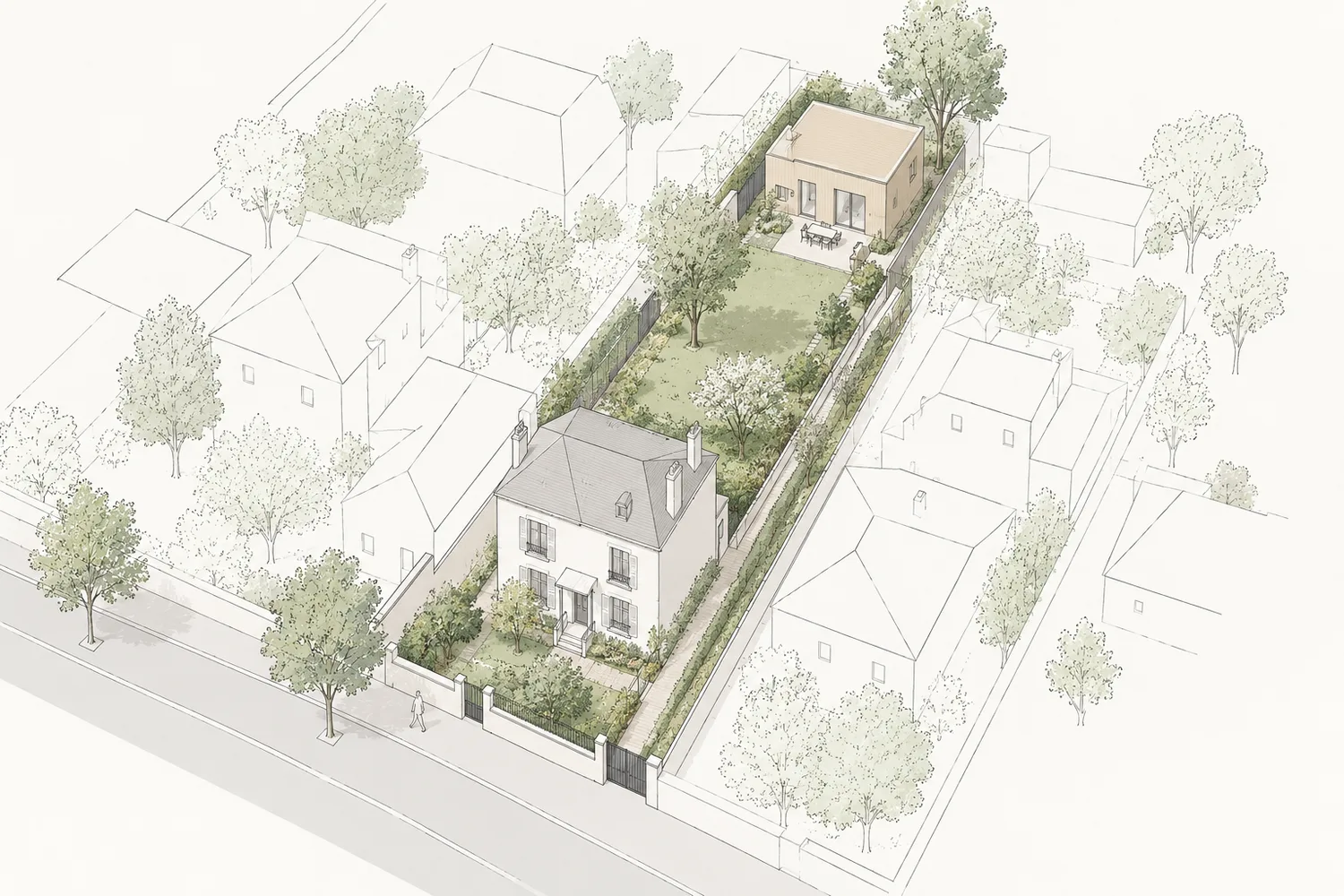 Axonométrie d’une parcelle en lanière montrant la maison sur rue et une seconde construction en fond de terrain